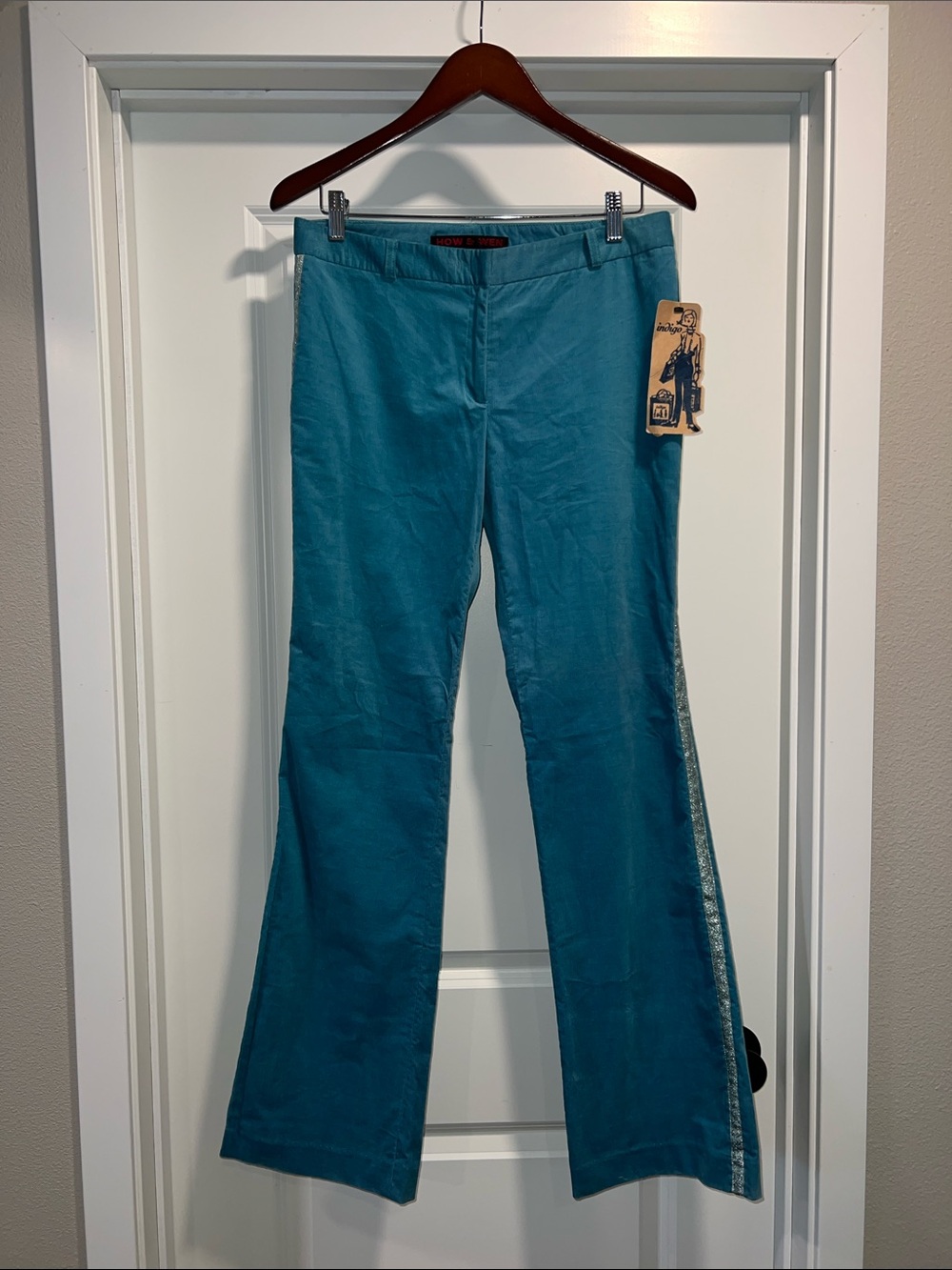 How & Wen Teal Flare Corduroy Pants with Side Sparkly Trim Size 8 NWT